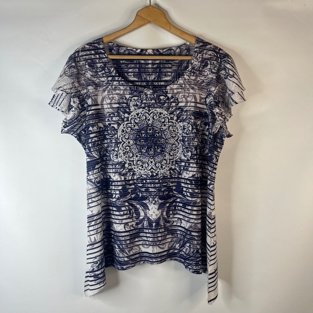 Cato Blouse Women 18/20W Blue White Striped Baroque Studded Sharkbite Hem Top